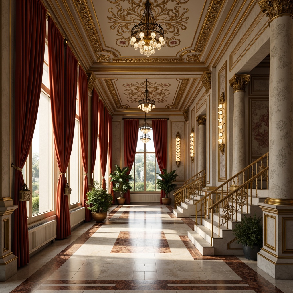 Prompt: Luxurious marble floors, ornate gold accents, rich velvet drapes, intricate plaster ceilings, ornamental moldings, crystal chandeliers, majestic columns, grand staircases, subtle warm lighting, soft focus, shallow depth of field, 2/3 composition, atmospheric perspective, realistic textures, ambient occlusion.