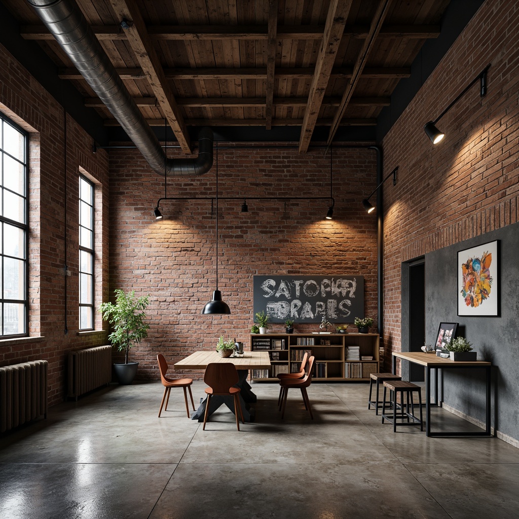 Prompt: Exposed brick walls, metal beams, reclaimed wood accents, polished concrete floors, industrial chic aesthetic, functional pipes, minimalist lighting fixtures, urban loft atmosphere, distressed finishes, raw textures, functional decor, modern factory conversion, rustic charm, brutalist architecture, abstract graffiti art, moody color palette, dramatic shadows, high contrast ratio, 1/2 composition, cinematic mood lighting.