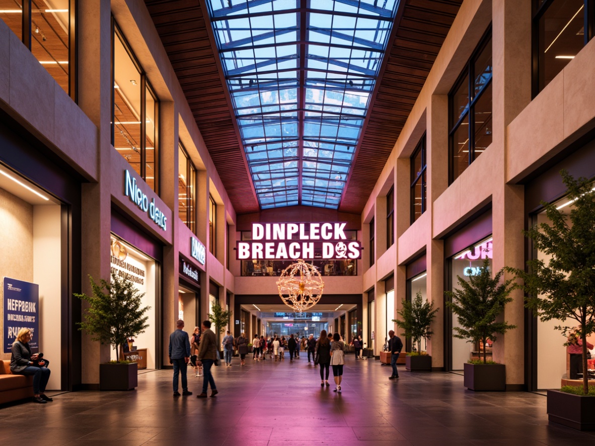 Prompt: Vibrant shopping center, neon signage, bold typography, lively atmosphere, modern architecture, sleek glass facades, polished marble floors, warm beige walls, rich wood accents, elegant chandeliers, soft ambient lighting, 1/2 composition, shallow depth of field, realistic textures, ambient occlusion.