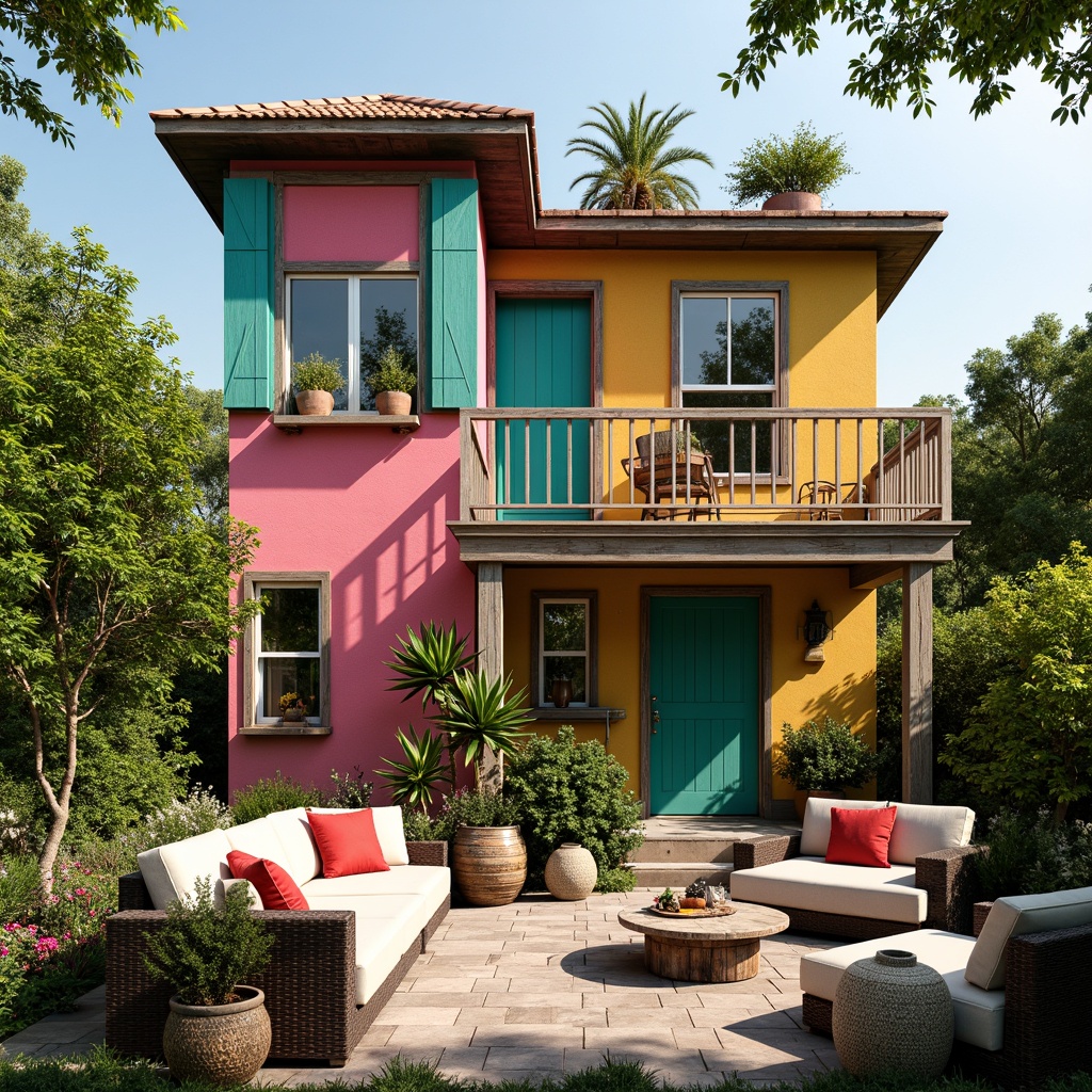 Prompt: Vibrant eclectic house, mixed architectural styles, bold color combinations, bright turquoise accents, warm golden yellows, deep crimson reds, rich emerald greens, soft blush pinks, distressed wood textures, ornate metal fixtures, vintage decorative patterns, eclectic furniture arrangements, lush greenery, whimsical garden ornaments, sunny day, natural light, shallow depth of field, 1/1 composition, realistic renderings, ambient occlusion.