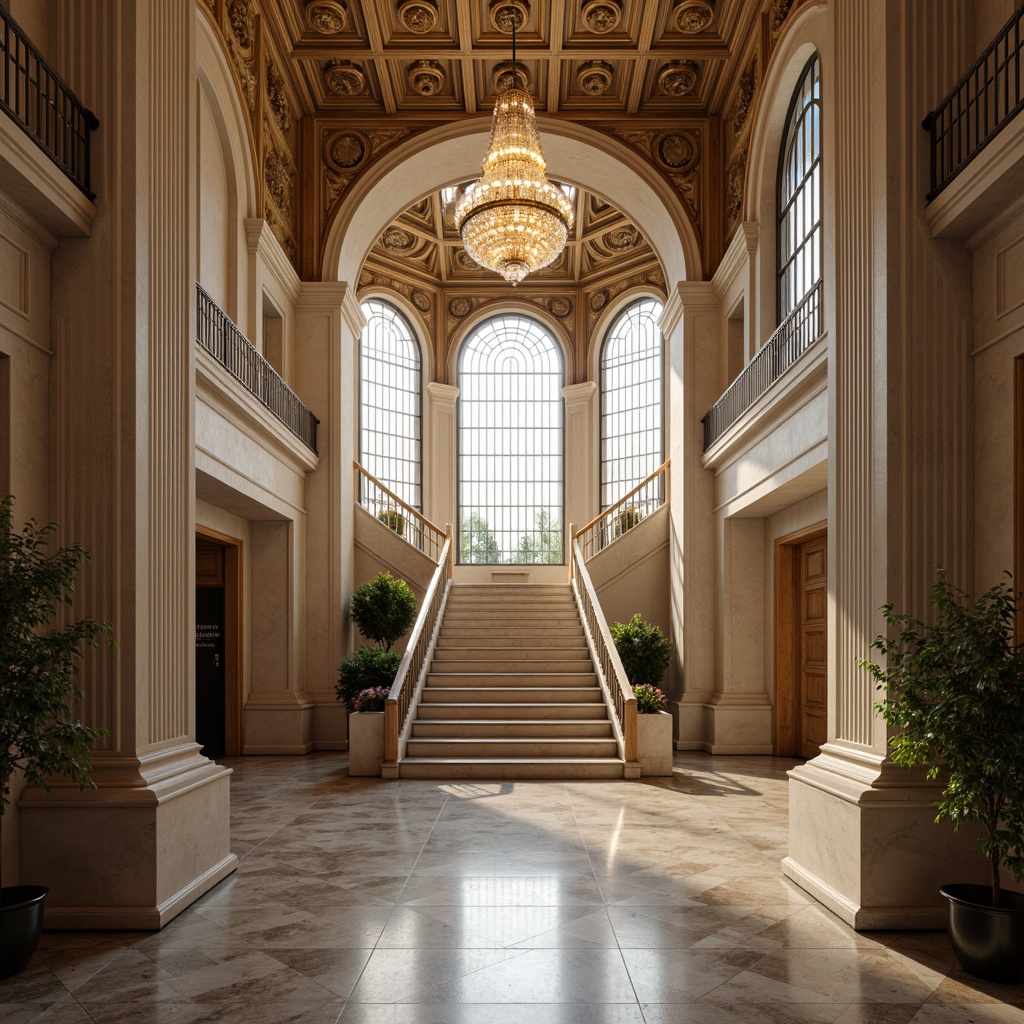 Prompt: Elegant office lobby, neoclassical columns, ornate capitals, fluted shafts, intricate moldings, grand staircase, polished marble floors, luxurious chandeliers, tall arched windows, soft warm lighting, shallow depth of field, 1/1 composition, symmetrical arrangement, rich textures, ambient occlusion, sophisticated business atmosphere, professional workspace, upscale corporate environment.