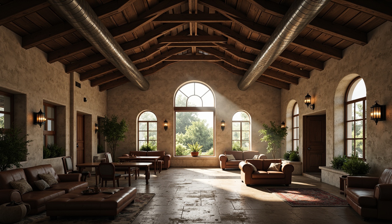 Prompt: Rustic monastery interior, exposed wooden beams, industrial-style pipes, stone walls, arched windows, vintage metal lanterns, distressed wood accents, worn leather furniture, earthy color palette, natural light pouring in, soft warm glow, atmospheric mist, shallow depth of field, 2/3 composition, cinematic view, realistic textures, ambient occlusion.