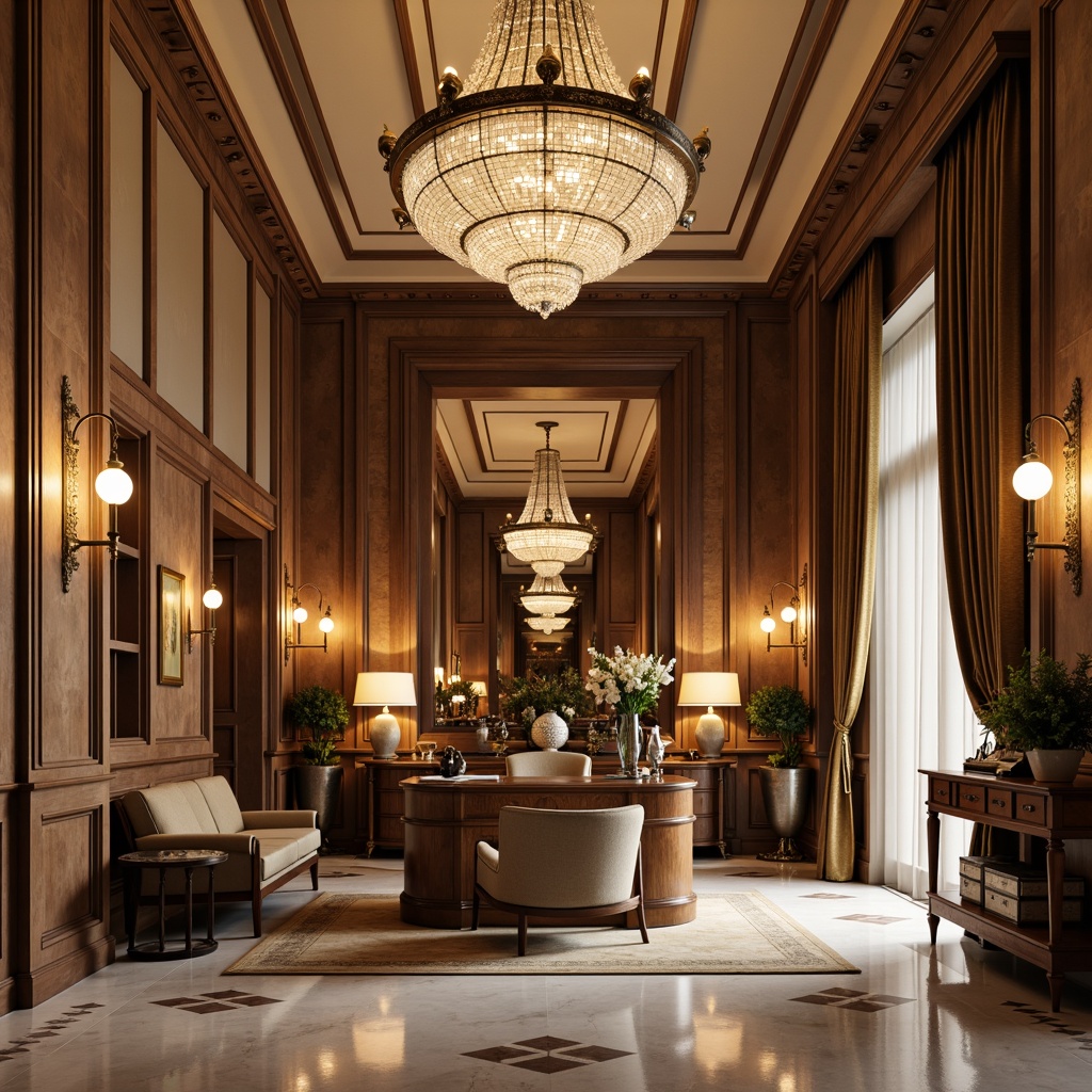 Prompt: Elegant office space, neoclassical architecture, high ceilings, ornate moldings, crystal chandeliers, bronze sconces, luxurious fabrics, rich wood tones, sophisticated furniture, refined decor, ambient warm lighting, soft glowing lamps, intricate metalwork, ornamental fixtures, creamy marble floors, grandiose columns, imposing archways, dramatic drapery, lavish furnishings, stately atmosphere, 1/2 composition, subtle shading, realistic reflections.