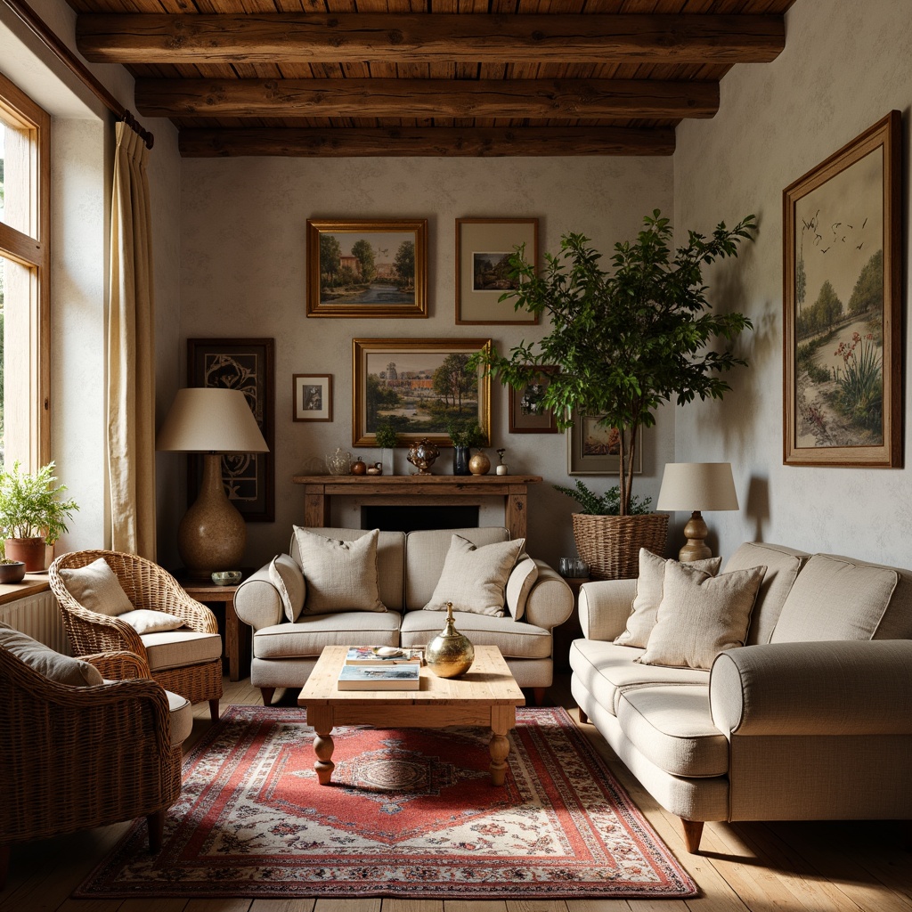 Prompt: Rustic French countryside, vintage farmhouse, distressed wood accents, soft linen fabrics, natural burlap textures, Toile de Jouy prints, red and blue stripes, subtle florals, classic ticking patterns, woven wicker furniture, antique metalware, earthy terracotta tones, warm golden lighting, soft focus, 1/1 composition, intimate atmosphere, cozy reading nooks.