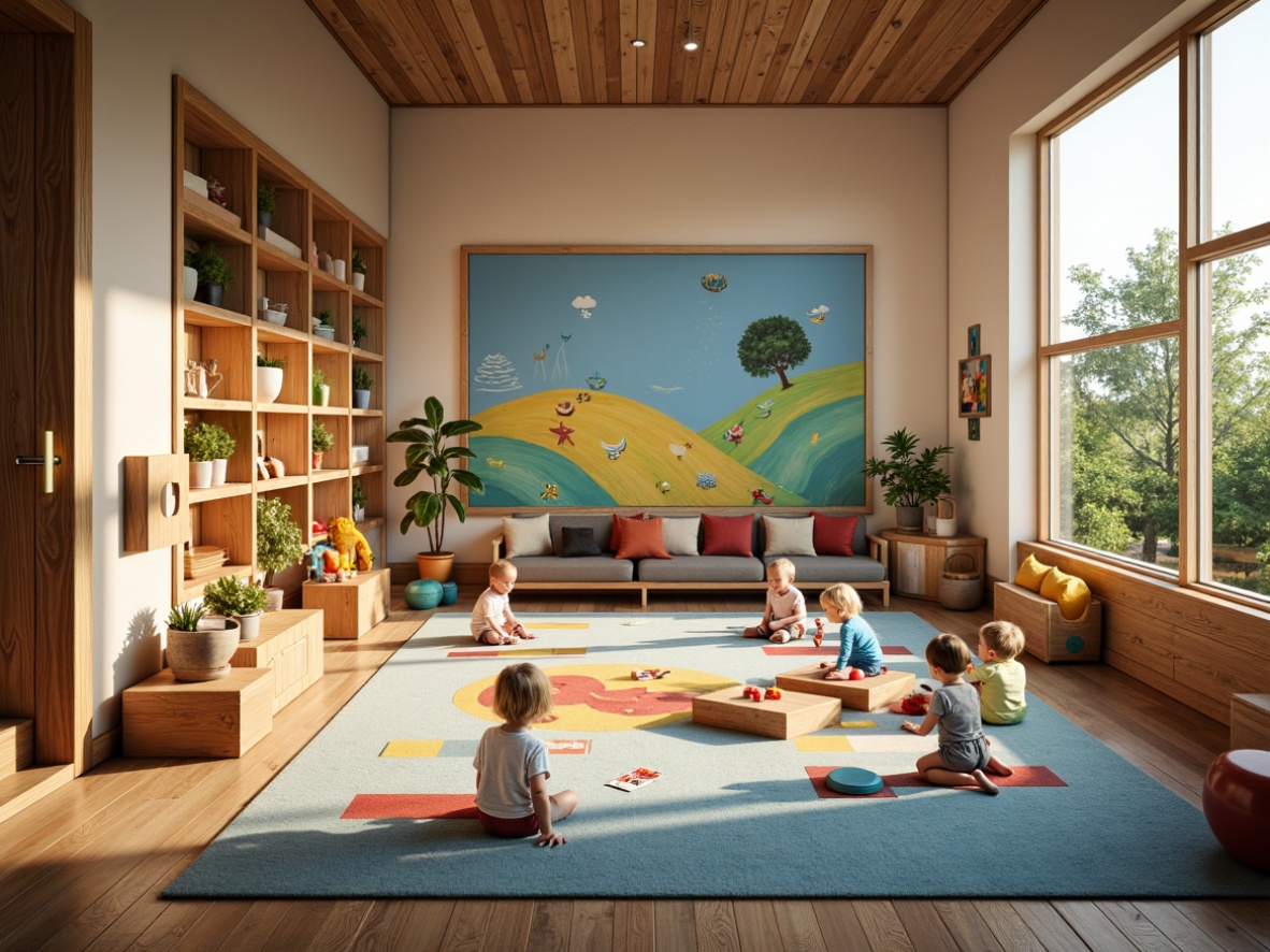 Prompt: Vibrant kindergarten interior, textured walls, colorful murals, wooden accents, soft carpeted floors, playful rug patterns, cushioned seating areas, wooden blocks, educational toys, interactive play structures, natural light, warm atmospheric lighting, shallow depth of field, 3/4 composition, realistic textures, ambient occlusion.