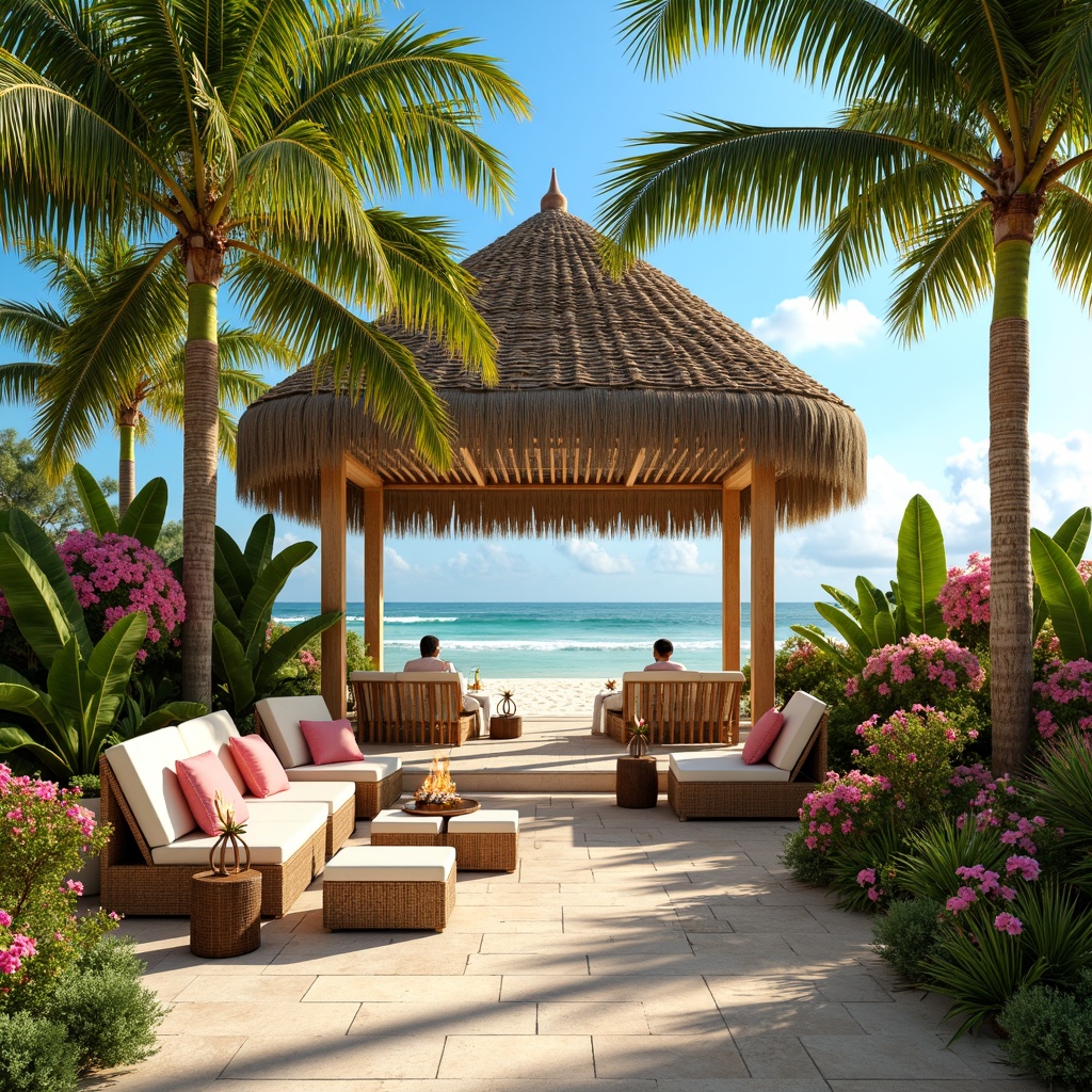 Prompt: Vibrant tropical hut, lush green palm trees, exotic floral arrangements, warm sandy beach, turquoise ocean waves, clear blue sky, bright sunshine, colorful tiki torches, woven rattan furniture, natural wood accents, soft pastel hues, creamy whites, coral pinks, minty greens, sunny yellow, relaxed ambiance, intimate seating areas, tropical leaf patterns, woven textiles, distressed wood textures, warm golden lighting, shallow depth of field, 3/4 composition, realistic renderings.