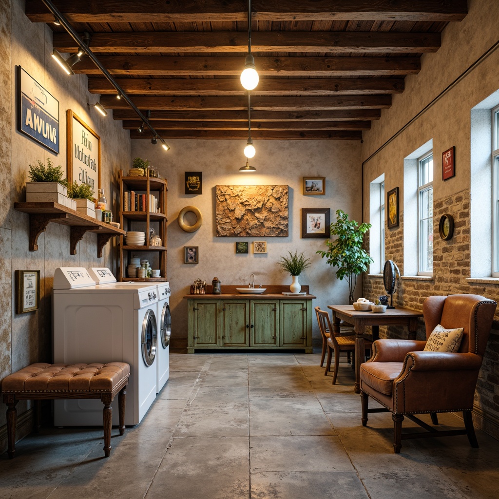 Prompt: Whimsical laundry room, distressed wood accents, vintage metal signs, industrial-style lighting fixtures, exposed brick walls, polished concrete floors, eclectic mix of materials, worn leather armchairs, ornate Victorian-era cabinets, soft pastel color palette, warm golden lighting, shallow depth of field, 1/2 composition, realistic textures, ambient occlusion.