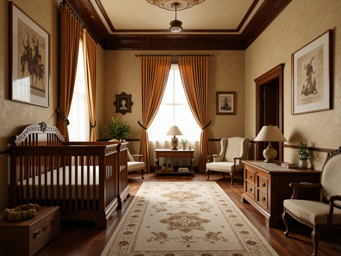 Prompt: Renaissance-style nursery, warm beige walls, ornate wooden furniture, rich velvet drapes, soft cream-colored carpet, intricate rug patterns, antique toy chests, vintage educational posters, sturdy hardwood floors, distressed wood finishes, rustic stone tiles, medieval-inspired tapestries, warm golden lighting, cozy reading nooks, elegant crown molding, luxurious plush area rugs, kid-friendly durable flooring options, stain-resistant surfaces, easy-to-clean materials.