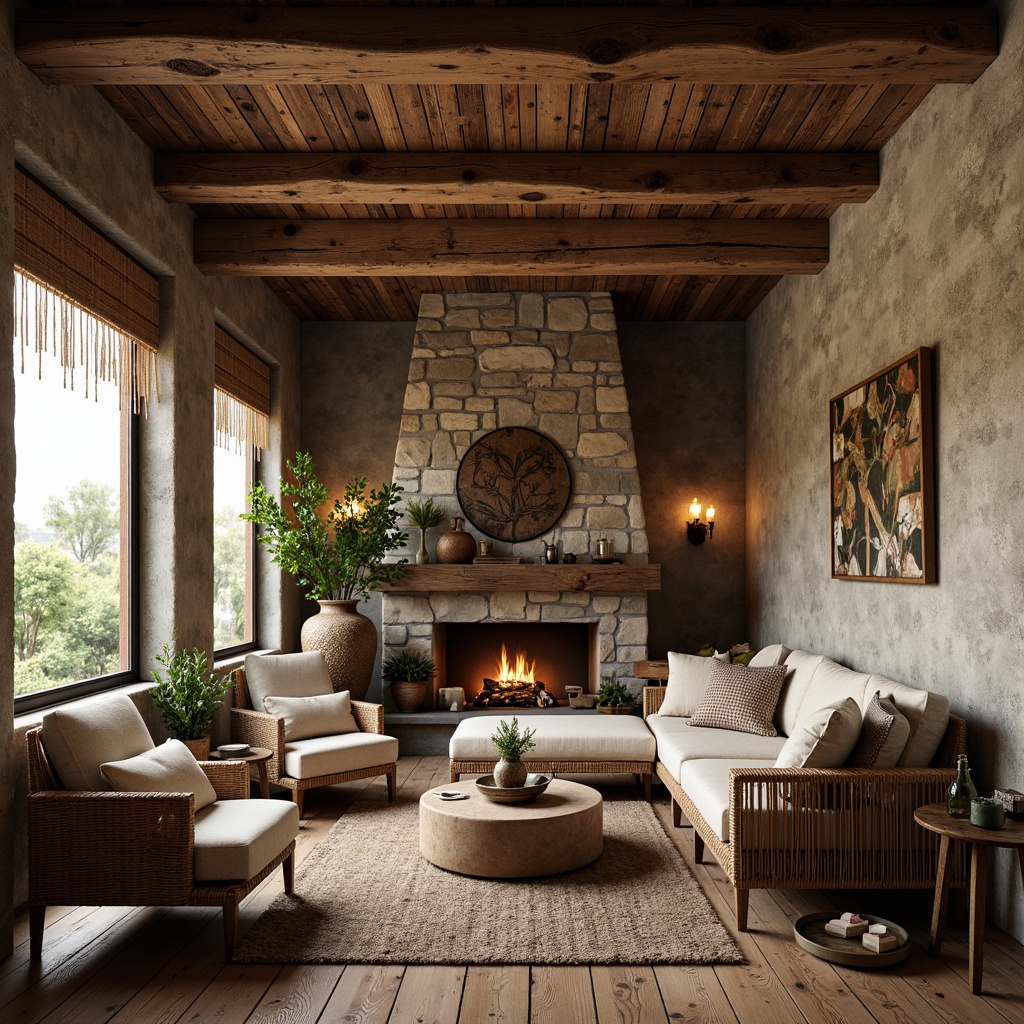 Prompt: Rustic wooden beams, distressed textures, earthy color palette, natural stone walls, woven wicker furniture, vintage metal fixtures, reclaimed wood accents, plush throw blankets, warm candle lighting, soft fabric upholstery, botanical patterns, organic shapes, traditional craftsmanship, cozy nooks, intimate seating areas, wooden flooring, tactile materials, inviting ambiance, warm neutral tones, subtle ornate details.