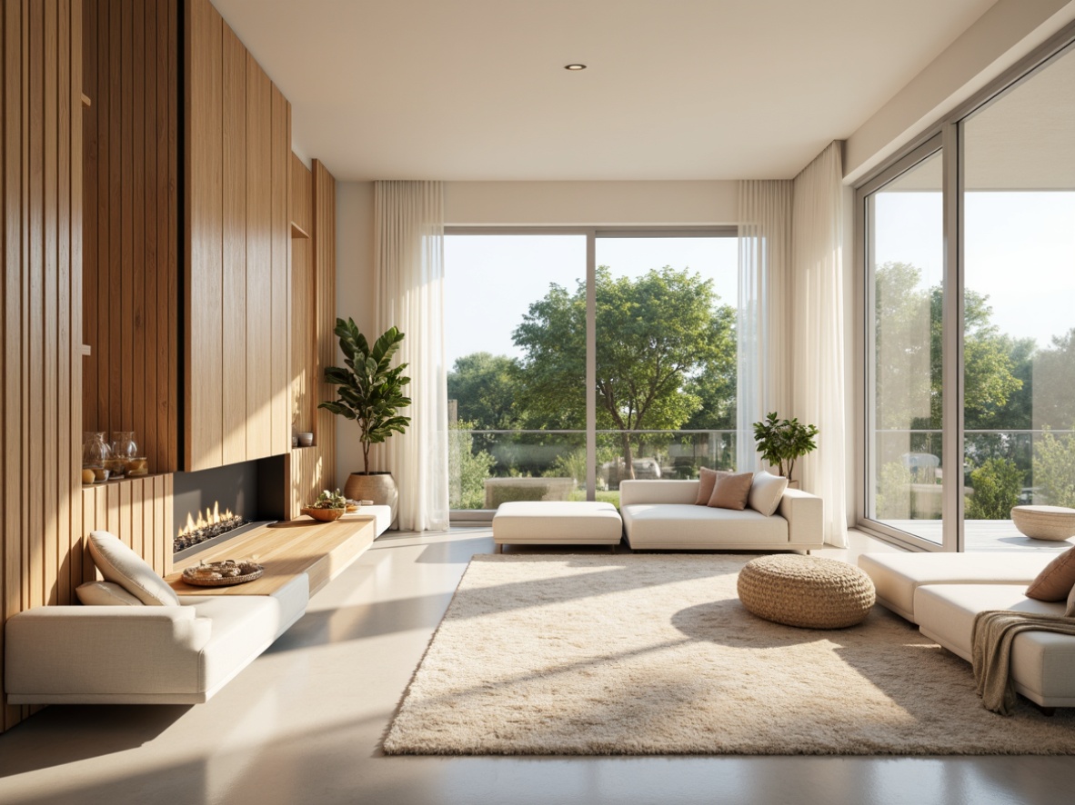 Prompt: Minimalist open-plan living room, light-filled spaces, creamy whites, warm beiges, natural woods, cozy textiles, plush area rugs, sleek low-profile furniture, floor-to-ceiling windows, sliding glass doors, airy balconies, lush greenery views, soft diffused lighting, warm atmospheric ambiance, 1/1 composition, shallow depth of field, realistic wood grain textures.