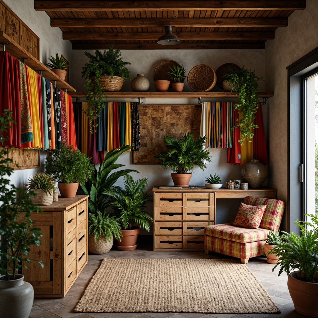 Prompt: Tropical storage room, exotic wooden crates, woven rattan baskets, vibrant colorful textiles, natural fiber rugs, reclaimed wood shelving units, rustic metal brackets, distressed finishes, earthy tone color palette, lush greenery, potted plants, warm ambient lighting, soft shadows, 1/1 composition, realistic textures, subtle depth of field.