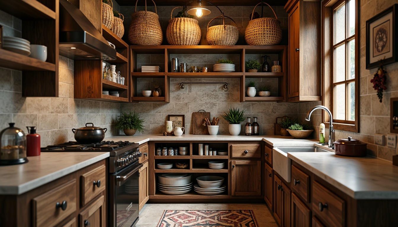 Prompt: Rustic pantry, distressed wood cabinetry, ornate metal hardware, earthy color palette, vintage appliances, decorative ceramic tiles, woven baskets, natural stone countertops, reclaimed wood shelving, eclectic decor, warm ambient lighting, shallow depth of field, 1/1 composition, realistic textures, soft focus, impressionist brushstrokes.