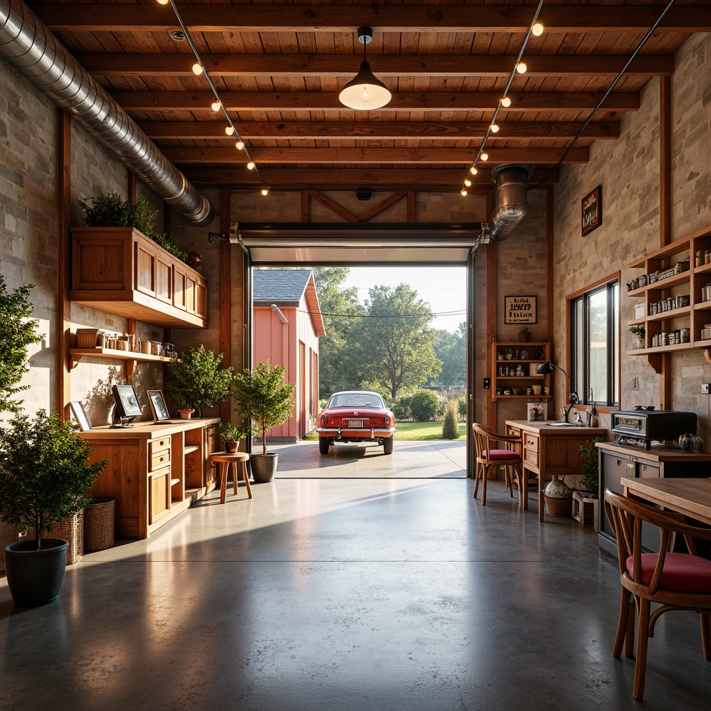 Prompt: Cozy family garage interior, warm wood accents, metal storage racks, tool workstations, epoxy resin flooring, soft overhead lighting, task lamps, under-cabinet lighting, natural stone walls, exposed ductwork, industrial-style fixtures, pendant lights, recessed ceiling lights, LED strip lights, vibrant color scheme, rustic wooden crates, decorative metal signs, abundant shelving units, organized storage spaces, sunny day, gentle warm glow, 1/1 composition, realistic textures, ambient occlusion.