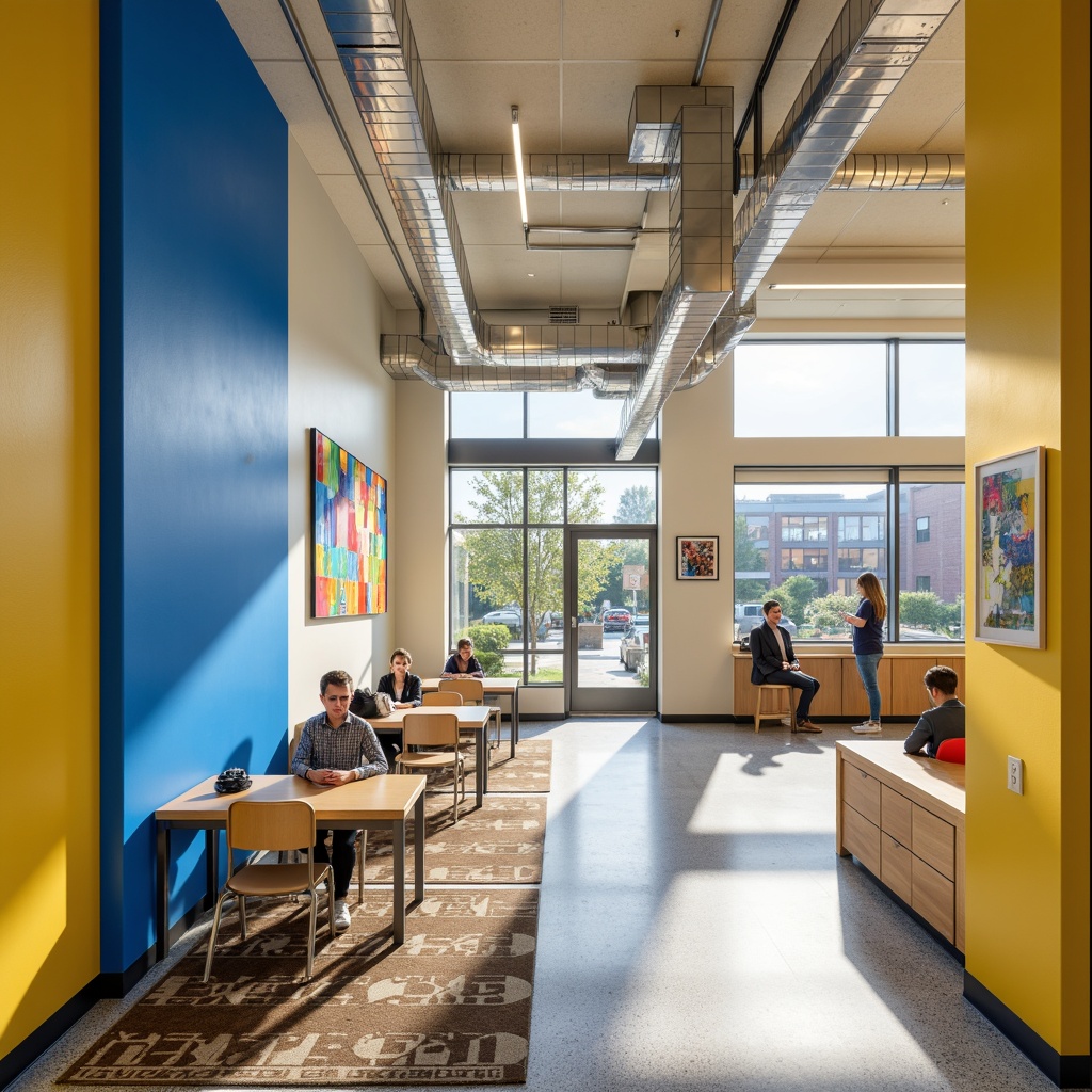 Prompt: Vibrant middle school interior, streamline moderne aesthetic, bold blue accents, bright yellow highlights, soft cream walls, polished chrome fixtures, sleek wooden furniture, geometric patterned rugs, modern LED lighting, minimalist decor, open floor plan, collaborative learning spaces, ergonomic seating, natural textiles, industrial-chic exposed ductwork, urban-inspired graffiti, abstract artwork, youthful energetic atmosphere, warm afternoon sunlight, shallow depth of field, 1/1 composition, realistic textures.