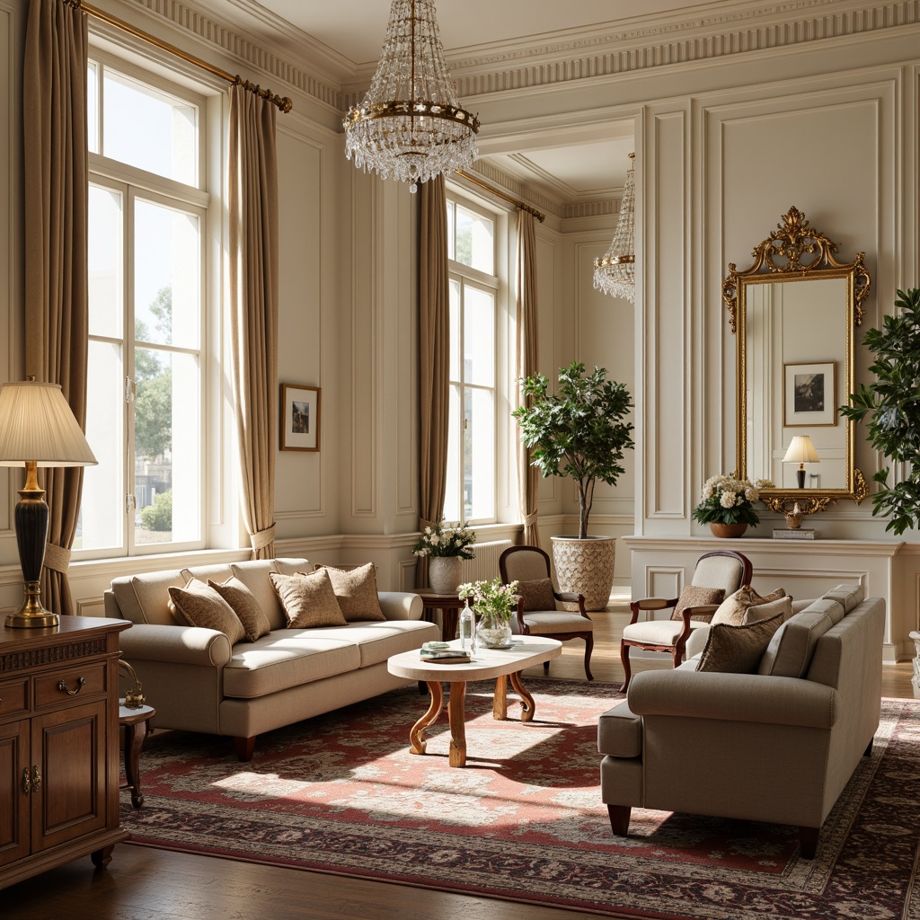 Prompt: Elegant neoclassical interior, ornate furniture, intricately carved wooden legs, upholstered sofas, velvet armchairs, gilded frames, crystal chandeliers, marble coffee tables, richly patterned rugs, subtle cream-colored walls, tall ceilings, large windows, natural light pouring in, soft warm ambiance, classic proportions, symmetrical composition, ornate mirrors, luxurious fabrics, subtle golden accents, refined elegance.