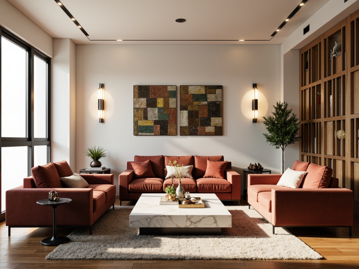 Prompt: Luxurious modern living room, rich velvet sofas, sleek marble coffee tables, industrial metal light fixtures, reclaimed wood accent walls, plush area rugs, minimalist decor, bold geometric patterns, creamy white walls, warm golden lighting, shallow depth of field, 1/1 composition, realistic textures, ambient occlusion.