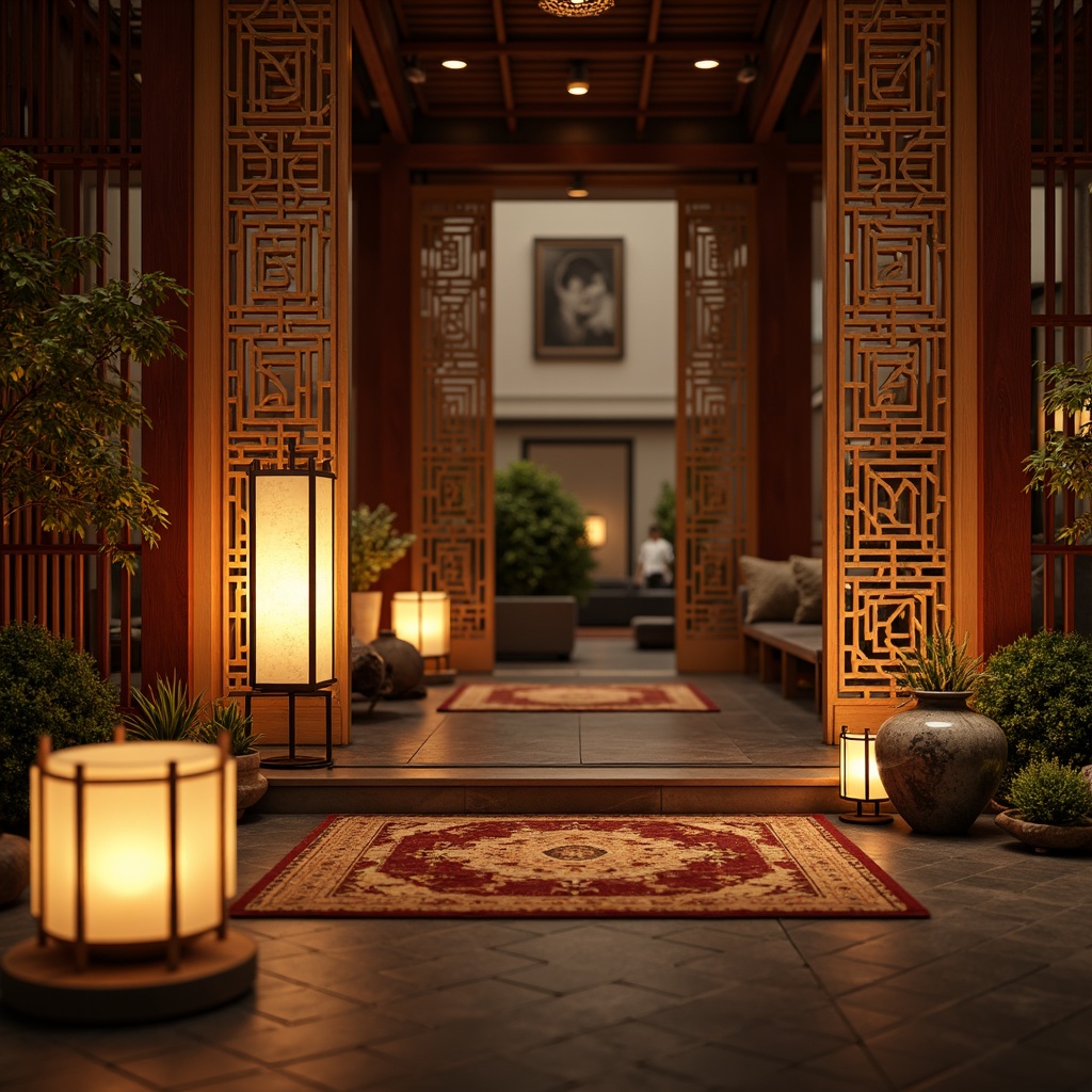 Prompt: Warm lanterns, soft golden lighting, traditional Asian architecture, intricately carved wooden panels, ornate ceramic vases, richly patterned rugs, luxurious velvet drapes, delicate paper lanterns, bamboo accents, natural stone flooring, tranquil water features, serene ambiance, warm beige tones, subtle texture overlays, shallow depth of field, 1/2 composition, intimate atmosphere, realistic wood grain, ambient occlusion.