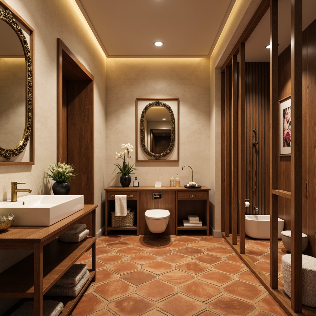 Prompt: Mid-century modern powder room, hexagonal terracotta tiles, geometric patterned flooring, warm beige walls, vintage brass fixtures, ornate mirrors, minimalist decor, soft warm lighting, shallow depth of field, 1/1 composition, realistic textures, ambient occlusion, natural stone accents, earthy tone color palette, retro-inspired furniture, decorative screen partitions.