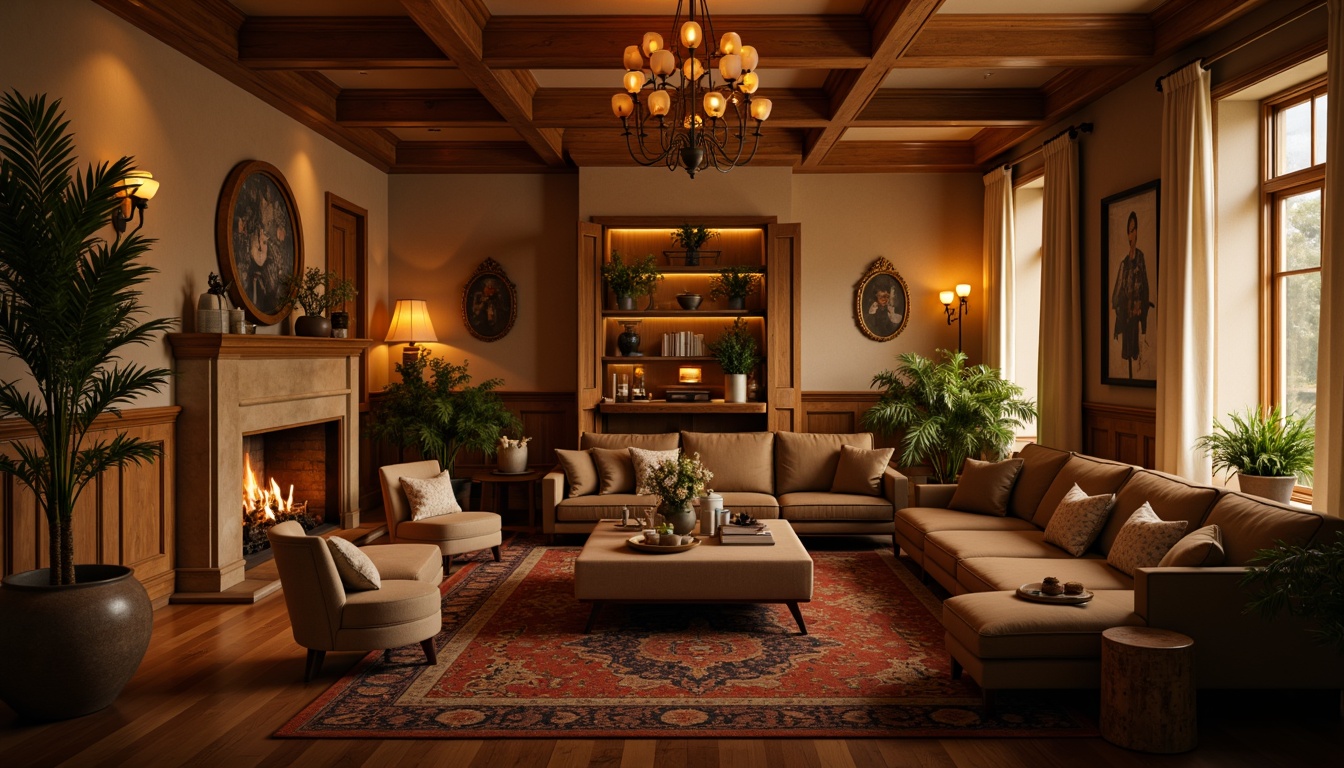 Prompt: Cozy living room, warm atmosphere, soft glow, table lamps, floor lamps, pendant lights, chandeliers, sconces, candles, fireplaces, wood accents, comfortable sofas, plush rugs, natural textiles, earthy tones, warm beige walls, rich brown furniture, golden lighting fixtures, dimmable switches, layered lighting, ambient illumination, relaxing ambiance, intimate setting, soft shadows, warm color temperature, inviting glow.