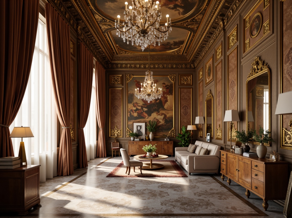 Prompt: Opulent classic interior, rich velvet fabrics, intricate gold leaf patterns, ornate wooden paneling, lavish crystal chandeliers, marble floors, majestic columns, soft warm lighting, shallow depth of field, 3/4 composition, realistic textures, ambient occlusion, Renaissance-inspired frescoes, luxurious silk drapes, antique furniture pieces, vintage accessories, subtle color palette, earthy tones, warm beige hues.