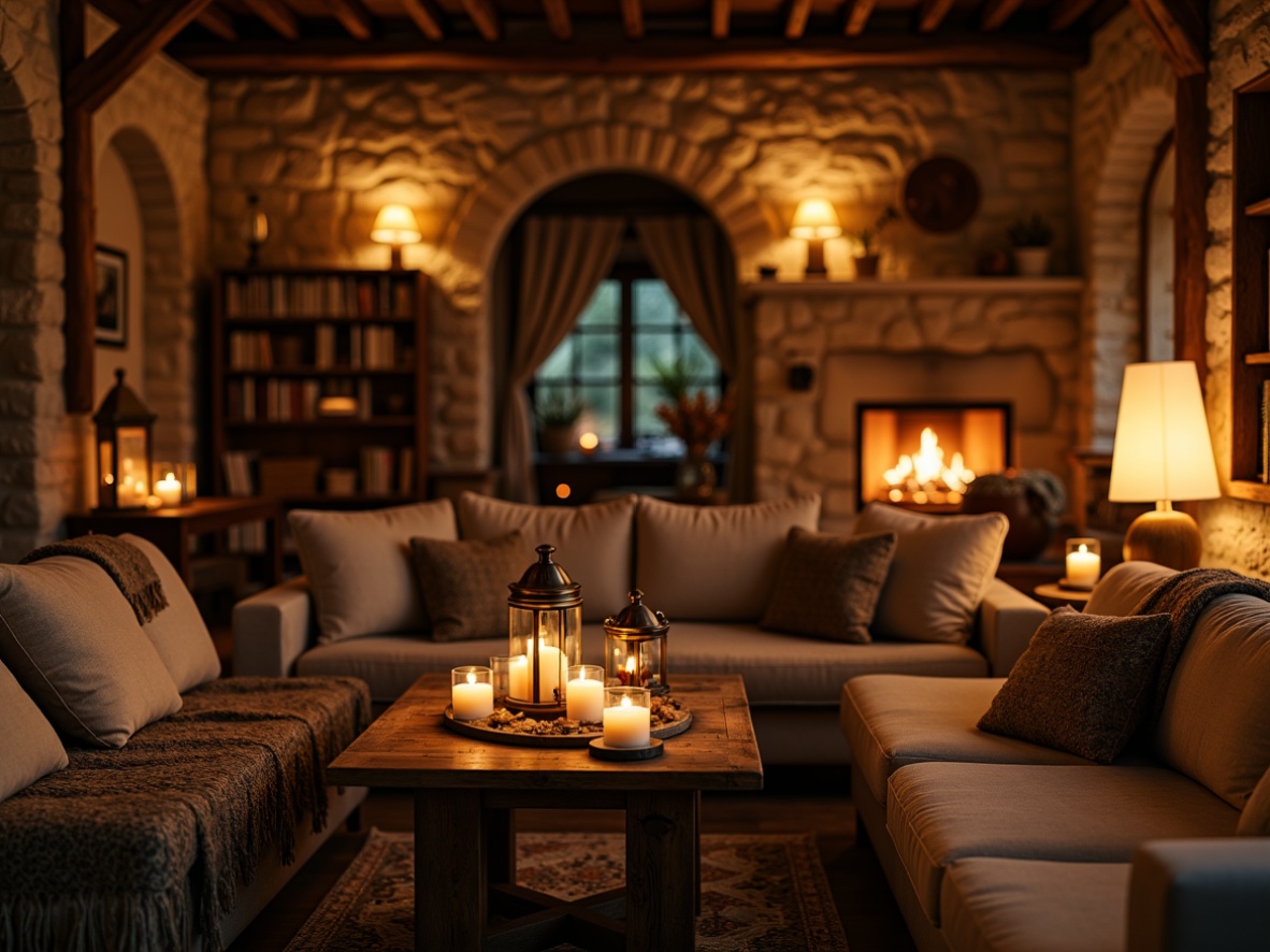 Prompt: Warm candlelight, soft warm glow, rustic wooden tables, vintage metal lanterns, dimmable floor lamps, cozy reading nooks, plush throw blankets, comfortable sofas, crackling fireplace, golden hour ambiance, warm beige tones, rich wood accents, textured stone walls, softbox lighting, 1/1 composition, intimate atmosphere, relaxed mood, inviting colors.