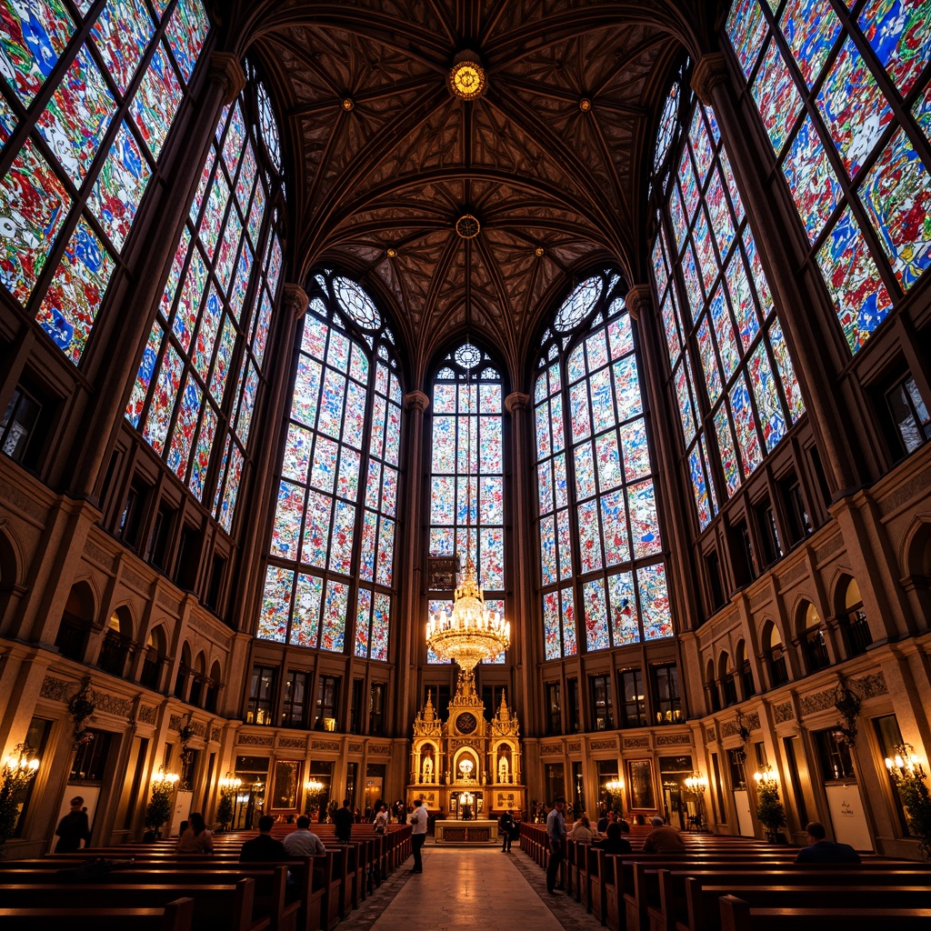 Prompt: Vibrant stained glass windows, intricate glass art, colorful geometric patterns, ornate metal frames, Gothic architectural style, grand cathedrals, luxurious interior designs, opulent chandeliers, rich textiles, majestic high ceilings, symmetrical compositions, warm golden lighting, soft diffused glow, 1/2 composition, realistic glass reflections, ambient occlusion.