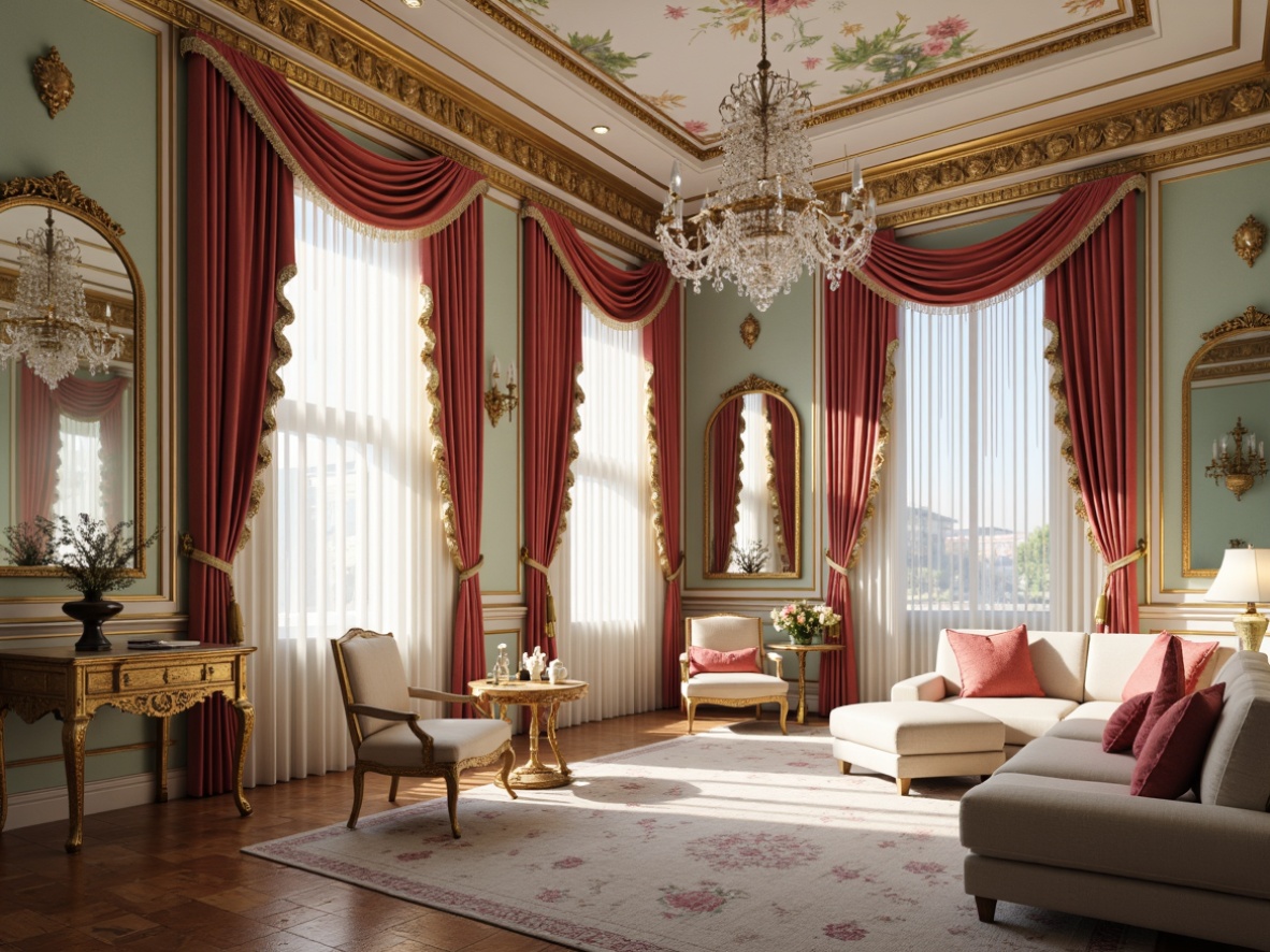 Prompt: Luxurious velvet drapes, intricately carved gold leaf frames, ornate mirrors, delicate porcelain vases, lavish crystal chandeliers, soft pastel hues, opulent furnishings, curved lines, scalloped edges, gilded accents, intricate moldings, plush area rugs, richly upholstered furniture, grandiose ceiling murals, dramatic coved ceilings, sparkling crystal sconces, delicate lace trimmings, lavish silk fabrics, ornate wall paneling, 3/4 composition, shallow depth of field, warm soft lighting, realistic textures.