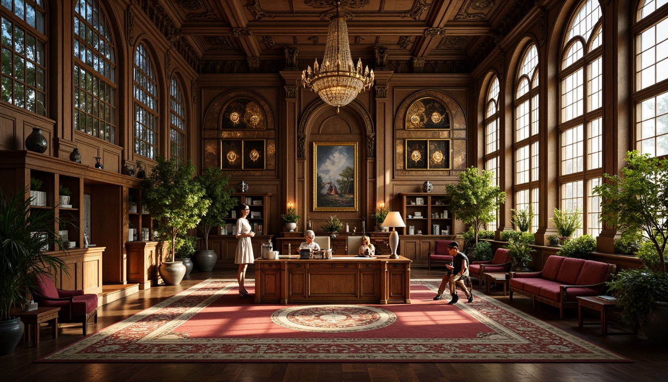 Prompt: Intricate office space, ornate furniture, flowing curvilinear lines, organic botanical forms, stained glass windows, ornamental metalwork, rich wood paneling, luxurious velvet upholstery, warm golden lighting, soft focus, shallow depth of field, 1/2 composition, elegant typography, sophisticated color palette, subtle texture overlays, realistic ambient occlusion.