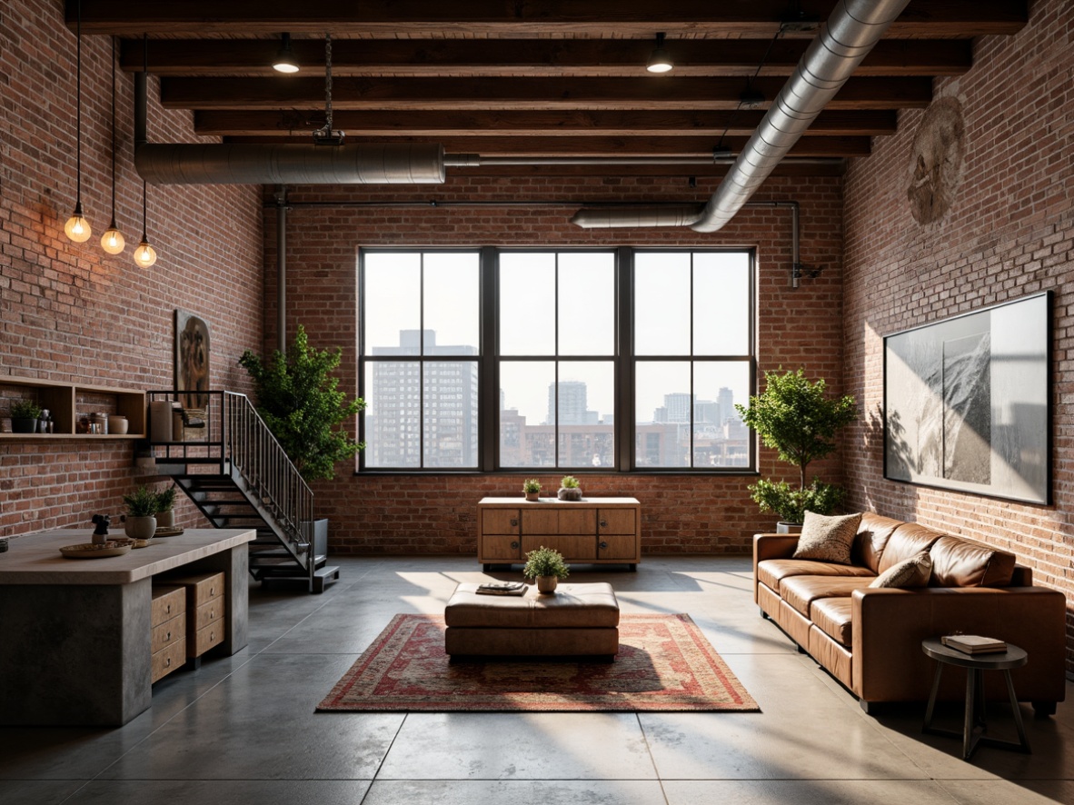 Prompt: Exposed brick walls, metal beams, reclaimed wood floors, industrial lighting fixtures, urban cityscape views, converted warehouse spaces, minimalist decor, neutral color palette, functional furniture pieces, metal staircase, Edison bulb pendants, concrete countertops, distressed leather sofas, vintage factory carts, eclectic art collections, natural textiles, earthy tone accents, warm atmospheric lighting, shallow depth of field, 1/1 composition, realistic textures, ambient occlusion.