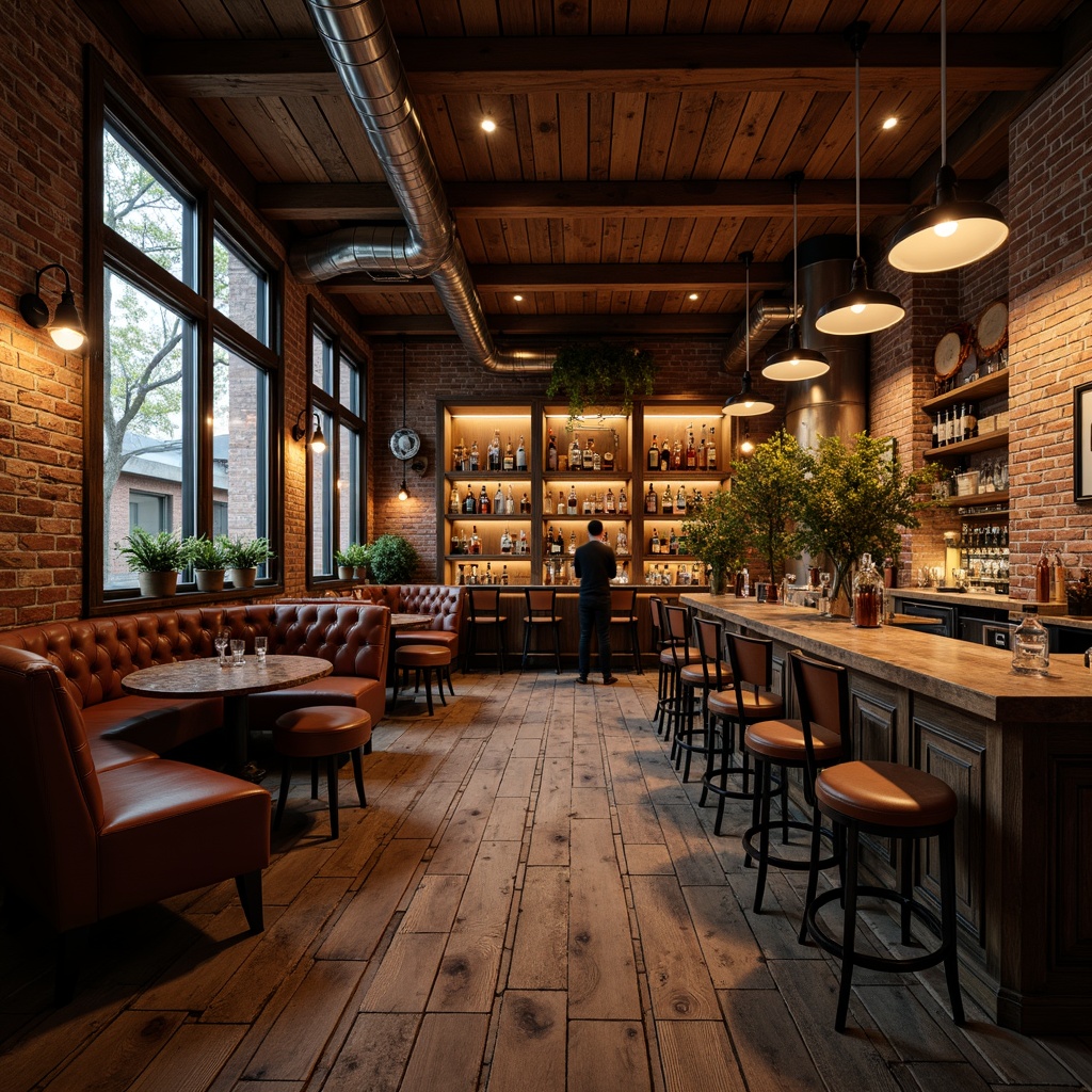 Prompt: Rustic bar atmosphere, reclaimed wooden planks, distressed metal accents, vintage industrial lighting, exposed brick walls, earthy tone color palette, worn leather upholstery, ornate metalwork details, rich wood grain textures, warm candlelight ambiance, shallow depth of field, 1/1 composition, realistic reflections, ambient occlusion.