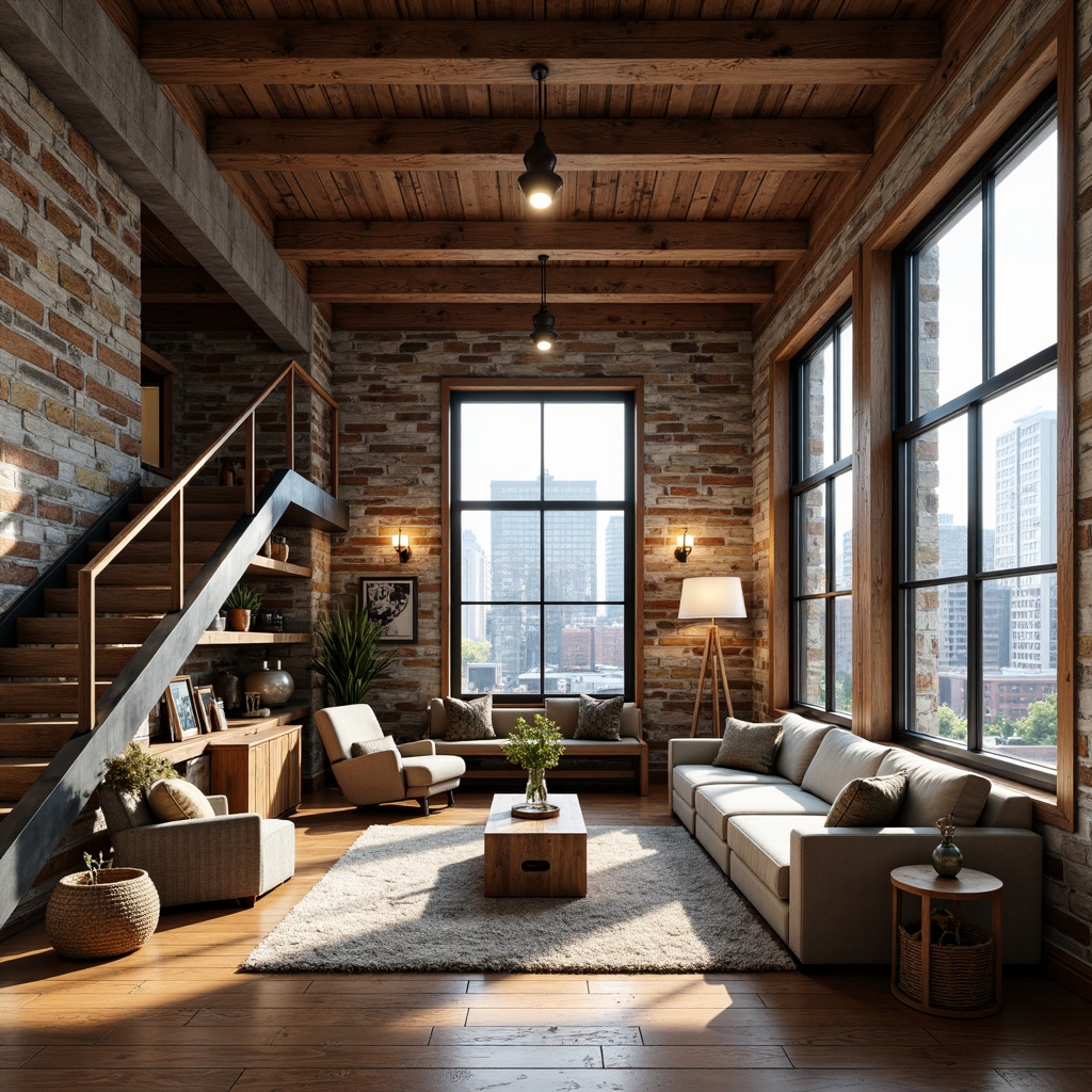 Prompt: Rustic industrial loft, exposed wooden beams, reclaimed wood accents, earthy tone color palette, natural stone walls, metal staircase, wooden floorboards, vintage decorative lighting, cozy reading nooks, plush area rugs, comfortable sectional sofas, modern minimalist decor, large windows with city views, soft warm lighting, shallow depth of field, 3/4 composition, panoramic view, realistic textures, ambient occlusion.