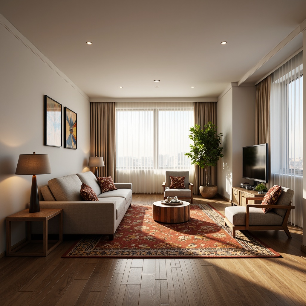 Prompt: \Cozy living room, plush sectional sofa, wooden coffee table, vibrant rug, floor lamps, minimalist decor, functional layout, circular conversation pit, traffic flow optimization, spacious pathways, airy atmosphere, natural light pouring in, sheer curtains, soft warm lighting, shallow depth of field, 3/4 composition, realistic textures, ambient occlusion.\