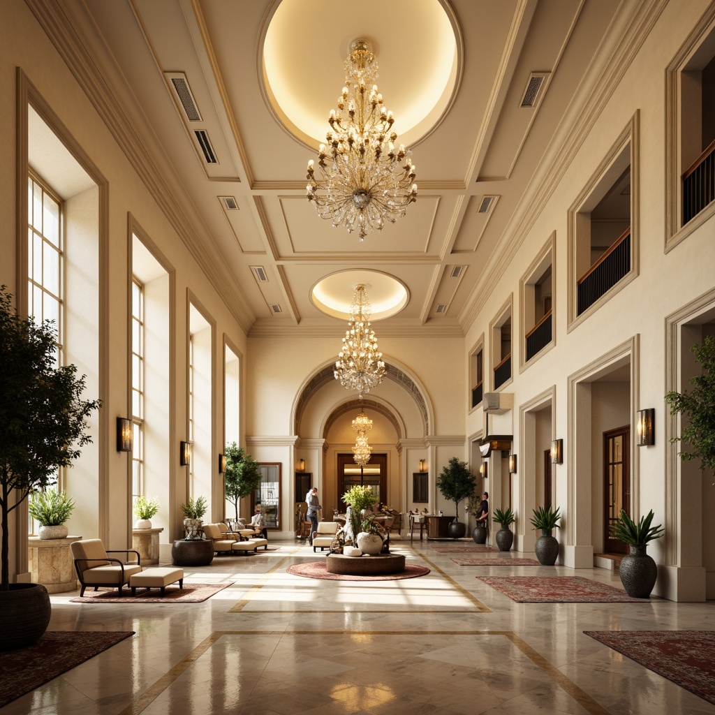 Prompt: Grand luxurious interior, high vaulted ceilings, ornate chandeliers, elegant cove lighting, cream-colored walls, polished marble floors, sophisticated furnishings, plush carpets, intricate moldings, symmetrical compositions, soft warm glow, atmospheric perspective, realistic reflections, detailed textures.