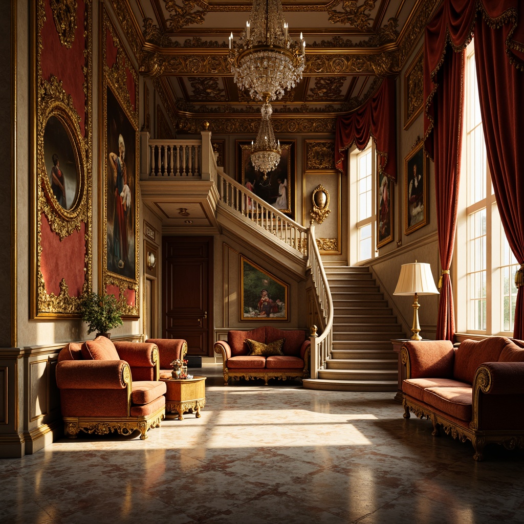 Prompt: Ornate palace interior, lavish furnishings, intricately carved wooden panels, gilded accents, rich velvet drapes, ornamental mirrors, crystal chandeliers, marble flooring, grand staircases, intricate plasterwork, dramatic lighting, warm golden tones, high-contrast shadows, detailed textures, realistic reflections, shallow depth of field, 1/2 composition, cinematic framing.