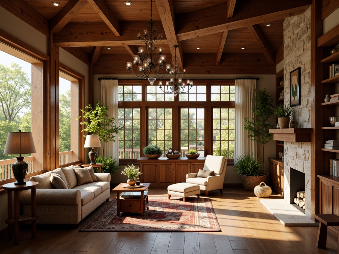 Prompt: Cozy Craftsman interior, warm wooden accents, earthy color palette, soft diffused lighting, table lamps with linen shades, wrought iron chandeliers, pendant lights with seeded glass, natural fiber rugs, plush furniture upholstery, built-in cabinetry, stone fireplace surround, rustic wooden beams, large windows with divided lights, sunny afternoon light, gentle warm glow, shallow depth of field, 2/3 composition, realistic textures, ambient occlusion.