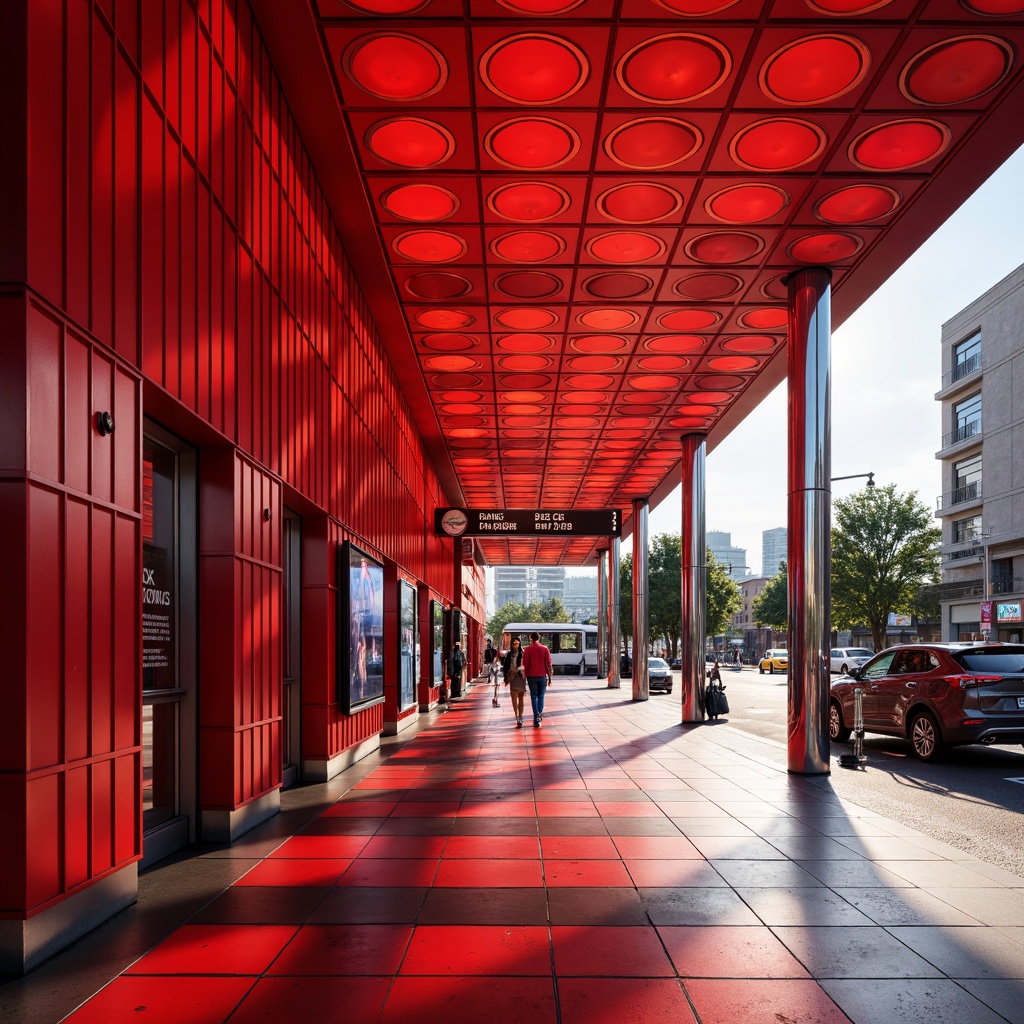 Prompt: Vibrant red accents, geometric patterned walls, bold crimson hues, dynamic LED lighting, futuristic bus station design, sleek metal columns, polished chrome finishes, modern urban architecture, bustling city atmosphere, afternoon sunlight, shallow depth of field, 2/3 composition, realistic textures, ambient occlusion.