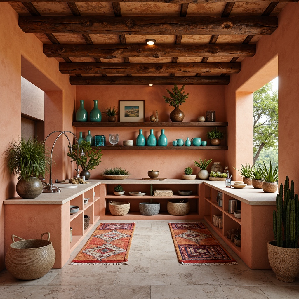 Prompt: Terracotta laboratory buildings, earthy adobe walls, rustic wooden accents, vibrant turquoise glassware, geometric patterned rugs, desert botanicals, cacti, succulents, warm beige countertops, reclaimed wood shelving, natural stone flooring, Southwestern-inspired textiles, colorful woven baskets, ambient warm lighting, soft focus, 1/1 composition, realistic materials, subtle depth of field.