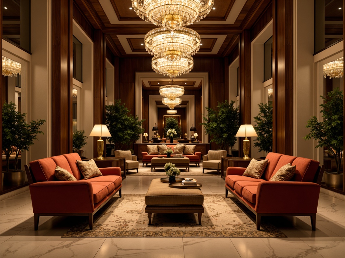 Prompt: Elegant lounge, luxurious velvet sofas, golden chandeliers, crystal pendant lights, warm ambient glow, soft candlelight, rich wood paneling, ornate mirrors, lavish drapery, sumptuous textiles, creamy marble floors, sophisticated color palette, intimate seating areas, cozy reading nooks, dramatic ceiling heights, grand entranceways, opulent furnishings, sparkling crystal accents, moody atmospheric lighting, 1/1 composition, shallow depth of field, realistic textures.