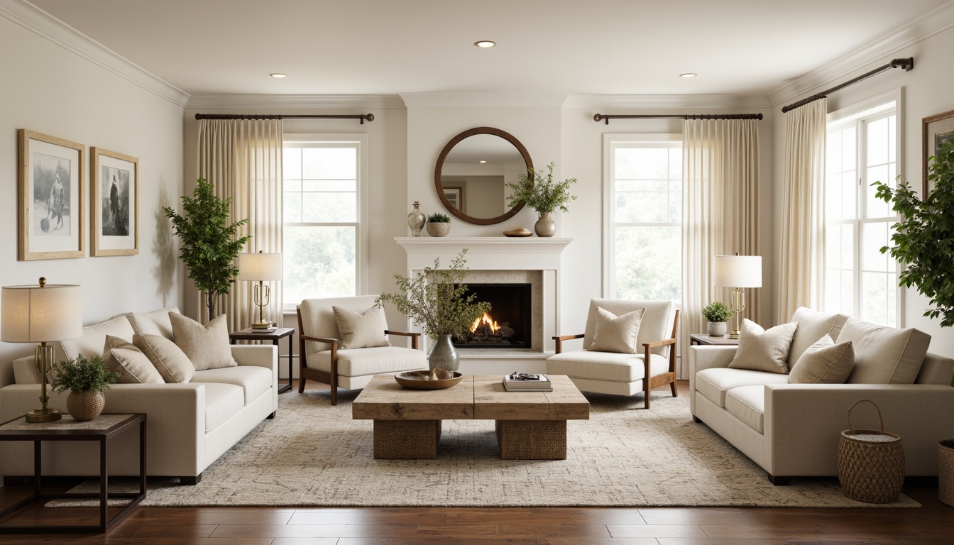 Prompt: Transitional living room, neutral color palette, creamy whites, warm beiges, rich woods, comfortable sofas, plush armchairs, tufted ottomans, wooden coffee tables, metal and glass end tables, woven baskets, patterned rugs, natural fabrics, linen upholstery, velvet pillows, bronze lamp fixtures, table lamps, floor lamps, warm ambient lighting, 3/4 composition, shallow depth of field, soft focus.