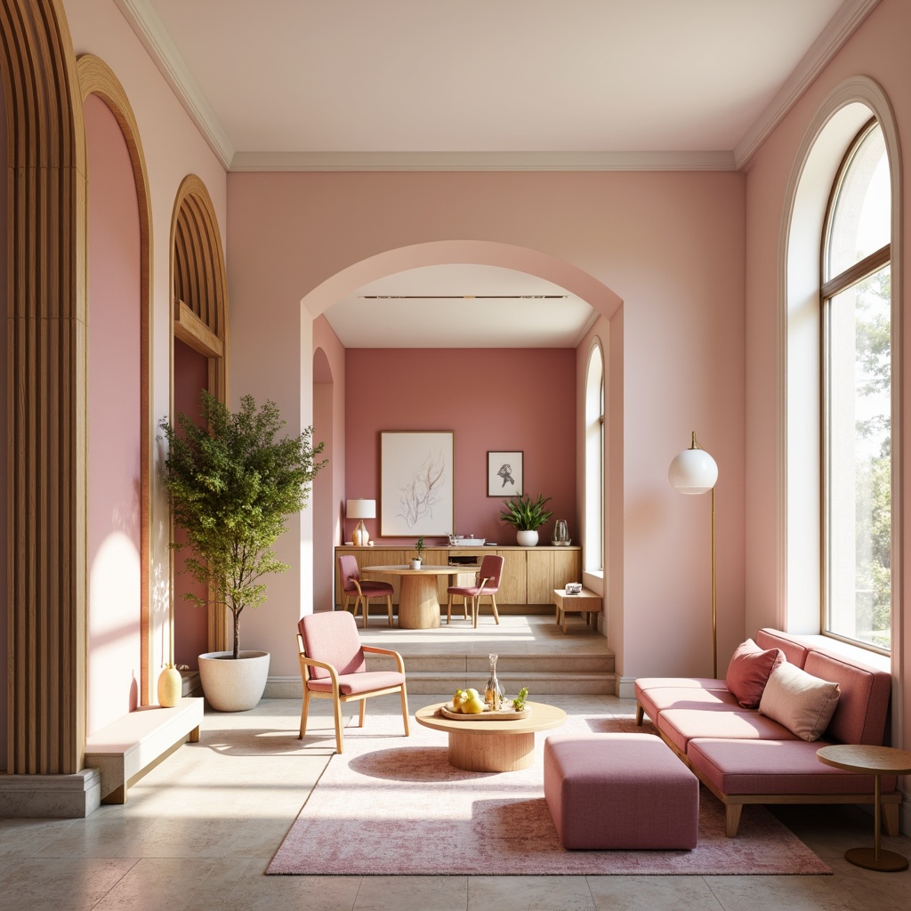 Prompt: Vibrant modern interior, pastel color scheme, soft pink accents, creamy white walls, rich wood tones, metallic gold fixtures, natural stone flooring, elegant furniture, ambient warm lighting, shallow depth of field, 1/1 composition, realistic textures, subtle reflections.