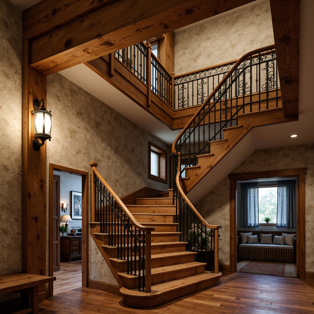 Prompt: Rustic wooden handrails, ornate metal balusters, curved staircase design, earthy tone color palette, natural stone walls, distressed wood accents, vintage lighting fixtures, warm cozy atmosphere, shallow depth of field, 1/1 composition, soft warm lighting, realistic textures, ambient occlusion, traditional craftsmanship, nostalgic feel, classic stairway layout.