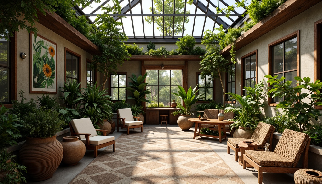 Prompt: Lush greenhouse interior, abundant tropical plants, natural stone walls, reclaimed wood accents, mid-century modern furniture, woven rattan chairs, textured ceramic planters, earthy terracotta pots, geometric patterned rugs, soft warm lighting, dappled shade, 1/2 composition, intimate atmosphere, rustic metal decor, distressed wooden beams, organic shapes, botanical prints, natural fabrics, woven bamboo textures, subtle color palette, cozy reading nooks.