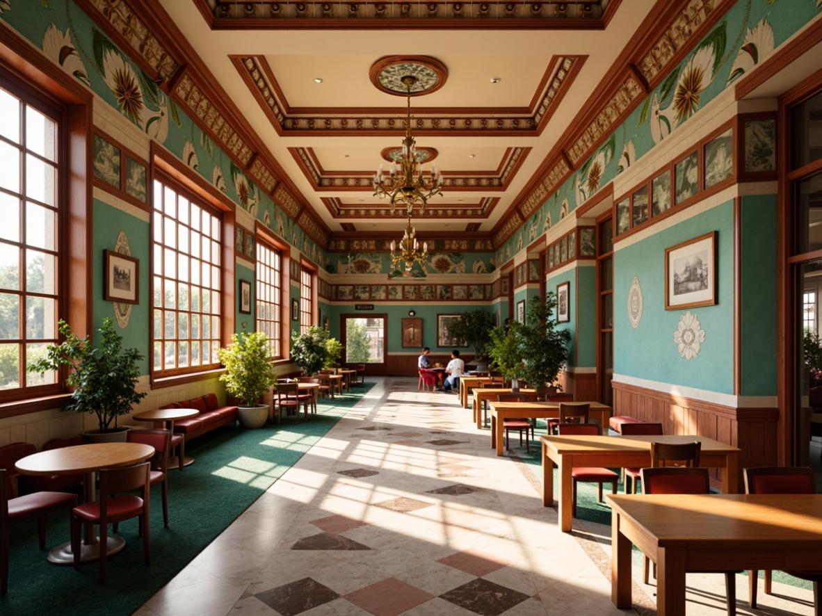 Prompt: Vibrant elementary school interior, Art Deco style, geometric patterns, bold color schemes, ornate metalwork, luxurious wood accents, polished marble floors, intricate moldings, decorative ceiling tiles, vintage-inspired furniture, plush carpets, soft warm lighting, shallow depth of field, 1/1 composition, realistic textures, ambient occlusion.