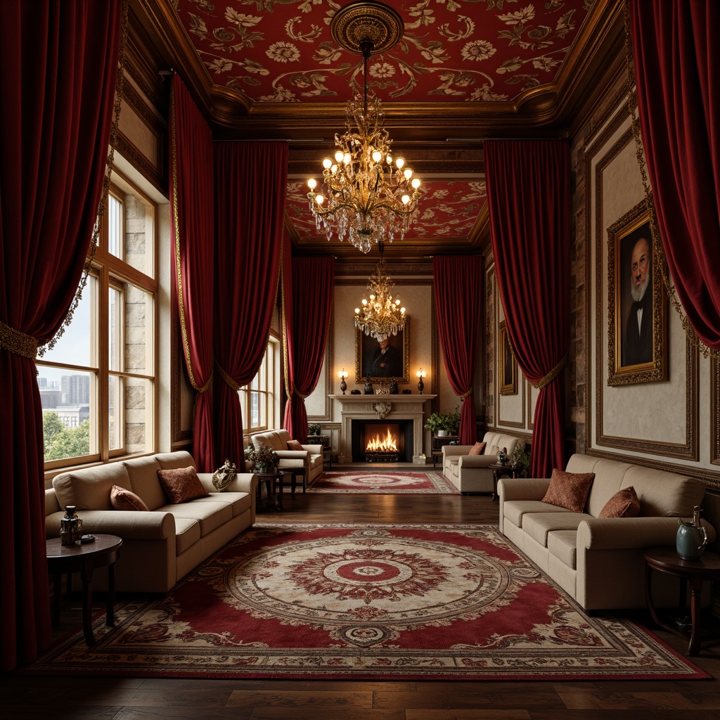 Prompt: Rich velvety drapes, luxurious silk fabrics, ornate gold embroidery, soft warm lighting, intimate seating areas, plush couches, rustic wooden accents, distressed stone walls, vintage chandeliers, lavish crystal fixtures, intricate moldings, lavish patterned rugs, deep jewel-toned colors, mysterious ambiance, dramatic spotlights, 1/1 composition, high-contrast shadows, cinematic color grading.