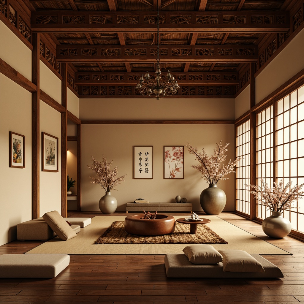 Prompt: Intricate wooden carvings, ornate lanterns, subtle cherry blossom patterns, warm beige walls, rich silk fabrics, elegant calligraphy, delicate porcelain vases, natural stone floors, traditional Japanese sliding doors, minimalist furniture, soft warm lighting, shallow depth of field, 1/1 composition, realistic textures, ambient occlusion, serene atmosphere, tranquil ambiance.