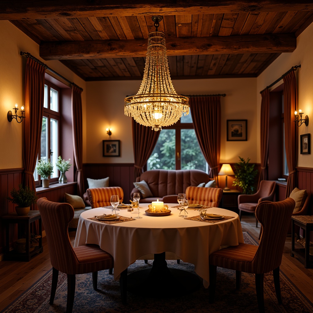 Prompt: Cozy traditional dining room, warm candlelight, ornate chandeliers, crystal pendant lights, rustic wooden beams, rich velvet drapes, elegant furnishings, luxurious fabrics, golden accents, soft ambient glow, warm color temperature, subtle shadows, 1/1 composition, shallow depth of field, realistic textures, intimate atmosphere.