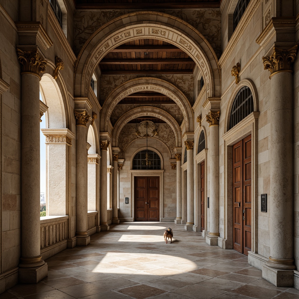 Prompt: Grandiose columns, ornate capitals, symmetrical facades, rusticated stone walls, arched windows, carved wooden doors, intricate moldings, gilded decorations, marble floors, vaulted ceilings, dramatic lighting, shallow depth of field, 2/3 composition, warm neutral colors, realistic textures, ambient occlusion.