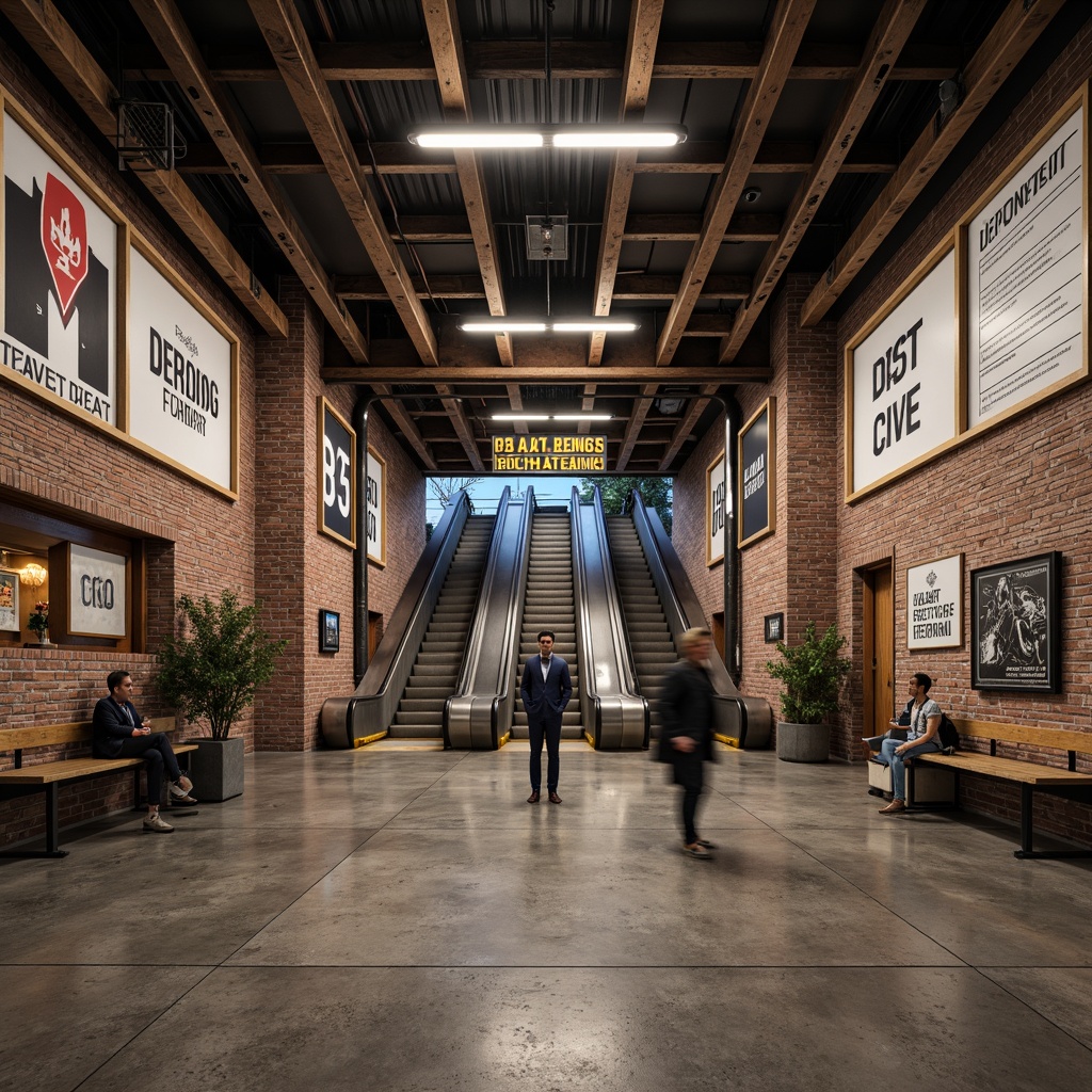 Prompt: Urban metro station, industrial chic decor, exposed brick walls, metal beams, reclaimed wood accents, vintage factory lights, distressed concrete floors, urban graffiti, steel railings, modern signage, sleek elevator systems, busy commuter atmosphere, natural stone platforms, metallic escalators, dynamic LED lighting, shallow depth of field, 2/3 composition, realistic textures, ambient occlusion.