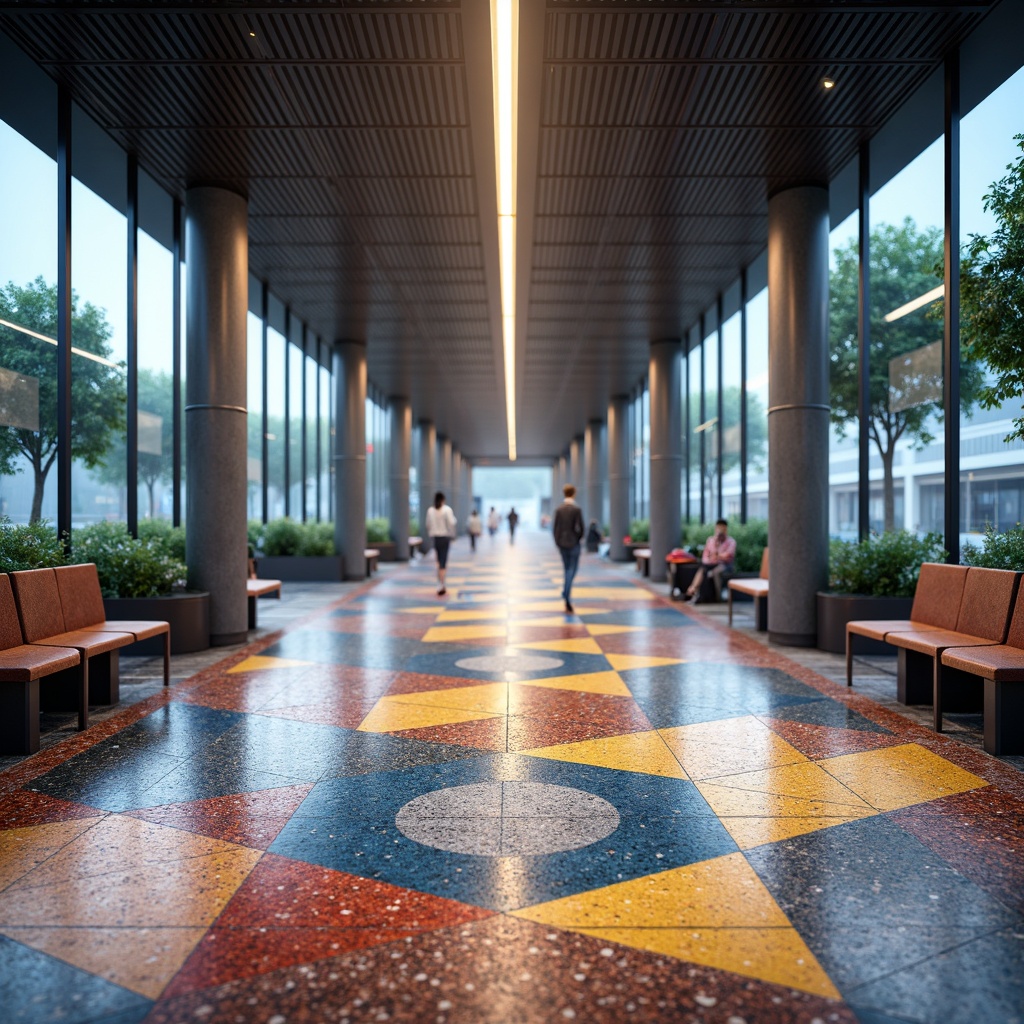 Prompt: Polished terrazzo floors, geometric patterns, vibrant color schemes, high-traffic durability, glossy finish, bus station interior design, modern urban architecture, sleek benches, stainless steel railings, LED lighting systems, futuristic ambiance, shallow depth of field, 1/2 composition, wide-angle lens, realistic textures, ambient occlusion.