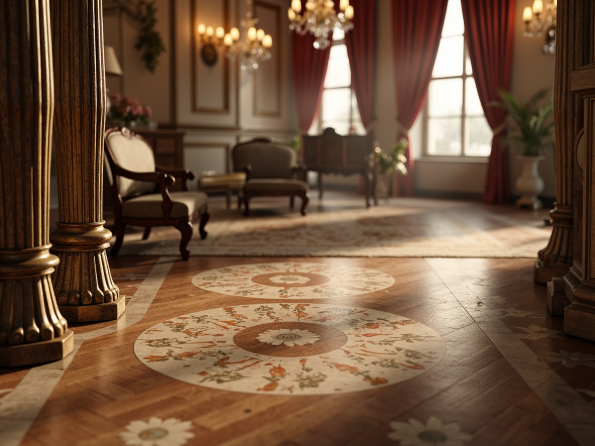 Prompt: Intricate wooden parquet floor, ornate marble inlays, soft cream-colored carpet, delicate floral patterns, subtle gold accents, antique furniture legs, lavish velvet drapes, Rococo-inspired wall ornaments, grand crystal chandeliers, warm candlelight, shallow depth of field, 1/1 composition, realistic textures, ambient occlusion.